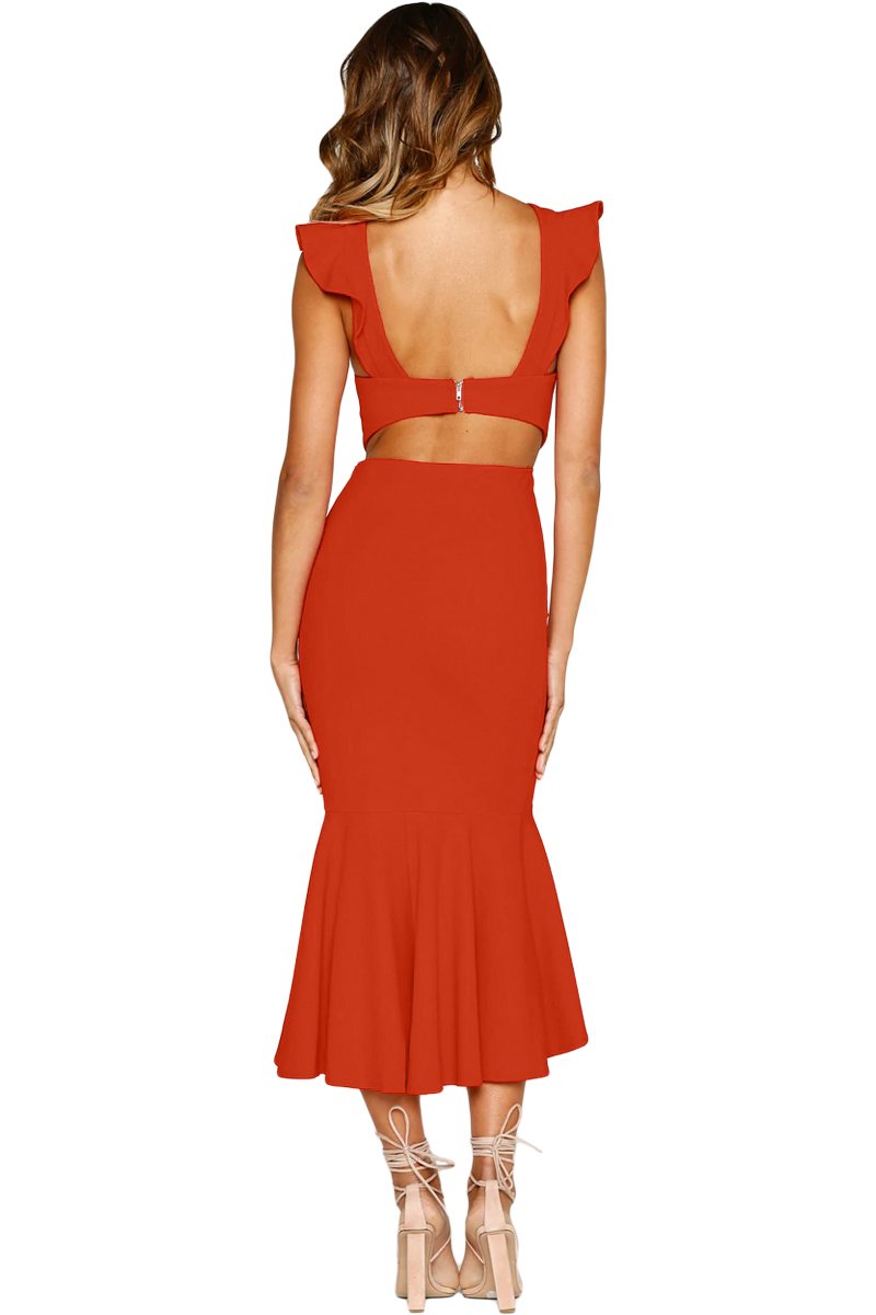 Bold Red Ruffle Dress - Chic Sleeveless Fit, Mermaid Hemline & Glam Silhouette